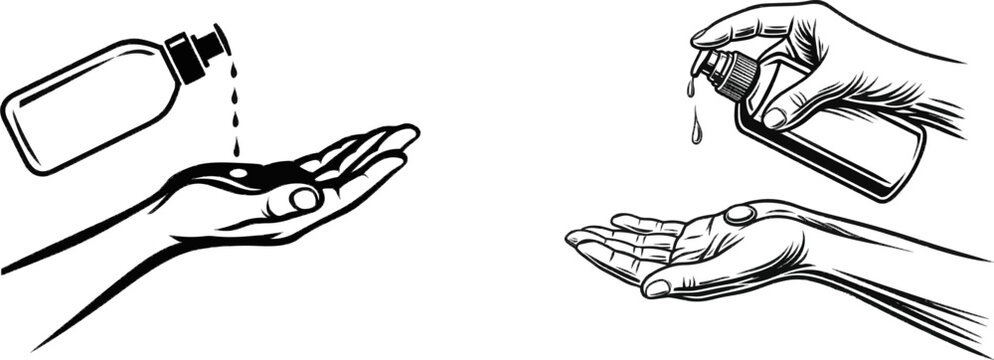 A minimalist illustration depicts a hand squeezing sunscreen from a bottle onto an arm, showcasing pure black and white high contrast with minimalistic details for a clean, stock-ready design