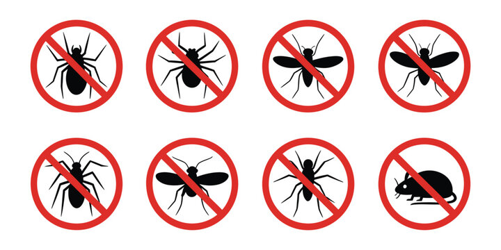 Pest control service icon set featuring warning symbols for spiders, insects, and rodents in vector illustration style.