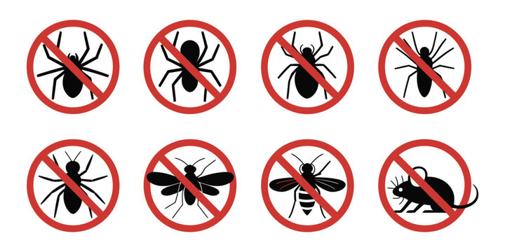 Household pest management vector icons collection showing insects and rodents for sanitation and hygiene services.