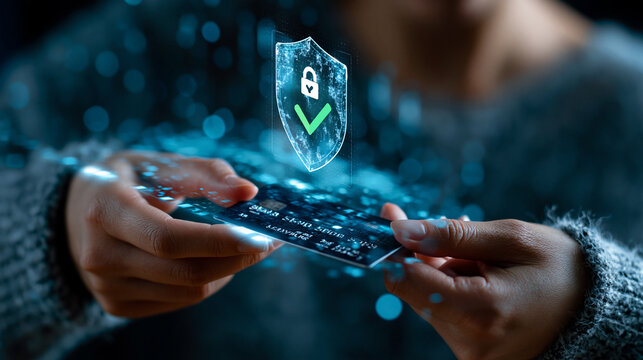 Person holding a credit card near a glowing digital interface with a green verification checkmark and secure payment shield icon floating above, defocused blue data stream in