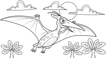 Coloring page pterodactyl, flying dinosaur, prehistoric animal, black and white illustration, kids activity © Adam