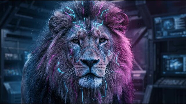 Majestic lion portrait illuminated with neon light in digital environment