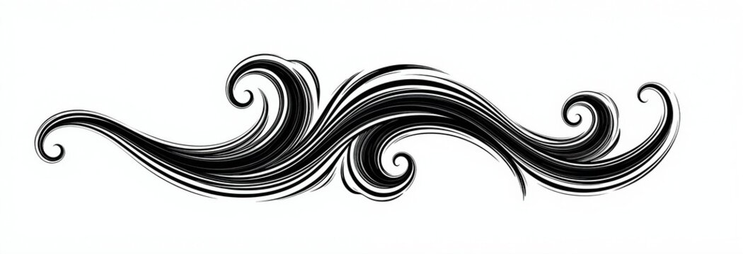 Elegant black ink flourishes create dynamic swirling waves. Decorative abstract graphic element uses lines, curves for stylish, sophisticated design. Artistic pattern border divider for commercial