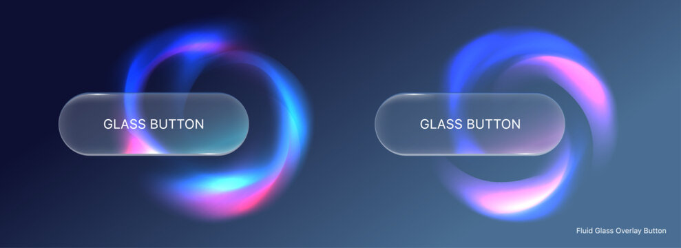 Futuristic glass button UI with neon gradient glow ring. Modern glassmorphism interface element with soft blur, holographic colors and abstract fluid light.