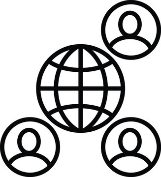 Global network connection with three user profile black outline on white users profiles