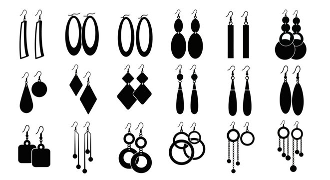 Earrings, Jewelry Icons, Black Silhouette, Vector Set of 20