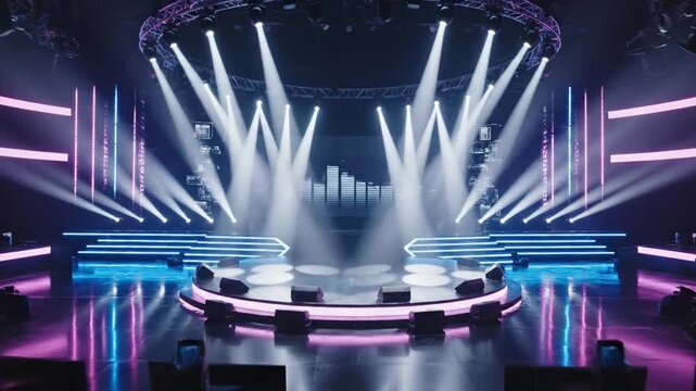 Esports tournament stage with lights and spectators wide angle