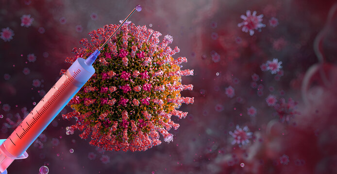 Measles virus and vaccine syringe. Viral outbreak and immunization linked to rising measles cases in the United States and Europe. Healthcare, infectious disease, epidemic transmission, vaccination 3D