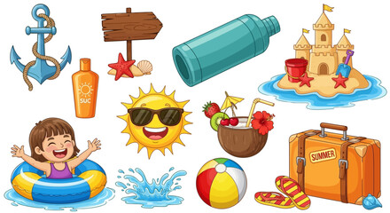 Beach Vacation Icons, Summer Travel Symbols, Vector Illustrations, 10 Icon Set © Adam