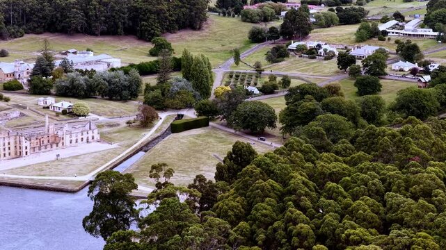 Port Arthur historic site in Tasmania of Australia &ndash; colonial gaol prison ruins in aerial view.
