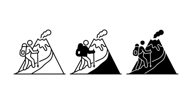 Mountain Climbing Icons, Volcano Ascent Vector Set, Adventure Silhouette Graphics, Hiking Challenge Symbols