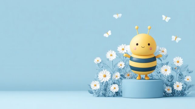 Cute cartoon bee character standing on podium with flowers and butterflies blue minimal background