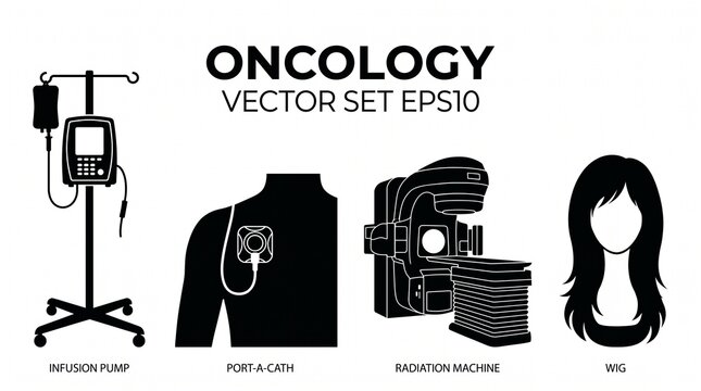 Oncology treatment and patient care vector icons set with medical equipment