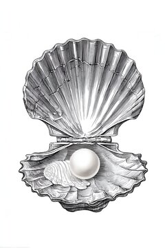 Open oyster shell with pearl engraving sketch marine natural object illustration isolated