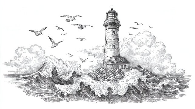 Coastal lighthouse with waves engraving sketch dramatic sea landscape with birds and storm scene
