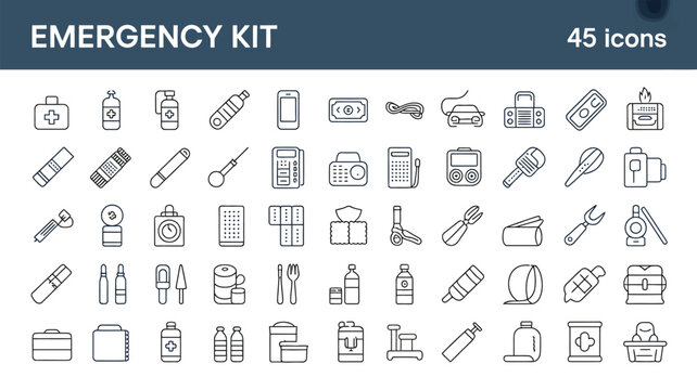  Emergency kit line icon collection with medical and safety equipment symbols
