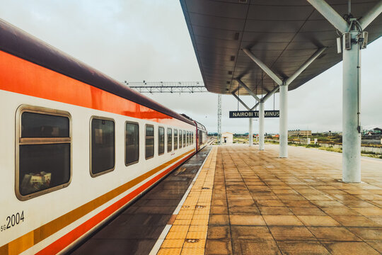 View of Madaraka Express SGR Passenger Trains at SGR Terminus Nairobi in Syokimau, Kenya