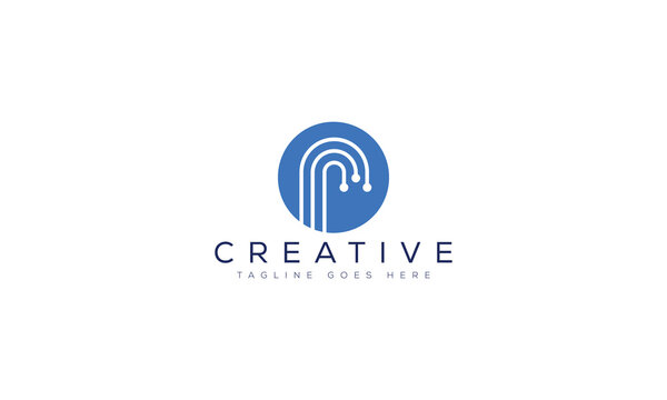 Blue abstract circular logo with data connection circuit pattern and creative