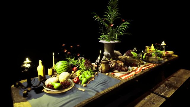 Ornate centerpiece overflowing with fruits and candles, gilded vessels and pewter cups surrounding grapes and melon, dramatic lowlight highlighting textures