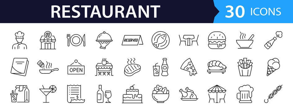 Restaurant Web Icon Set in Linear Style. Collection of cafe line icons, including menu, cafe, bistro, table, delivery, bar, cooking, fast food, chef, drink, reserved and more. Editable stroke