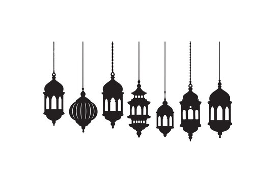 Ramadan Kareem Hanging Lantern Silhouettes &mdash; Islamic Arabic Lantern Collection Vector Illustration Set
