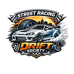 street racing drift society, drift logo, JDM culture, street racing emblem, tuner culture, drift racing, japanese automotive, motorsport branding, custom typography, neon racing vibes, drift cars, urb © Didik