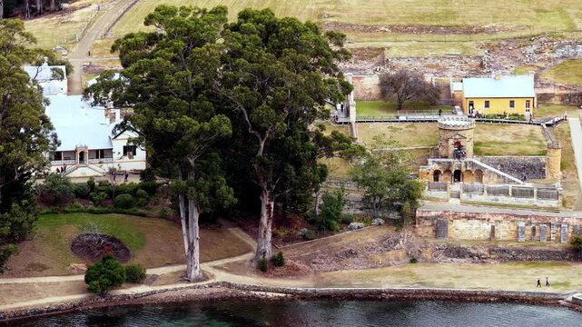 Tele view of historic ruins of gaol colonial convict prison in Tasmania, Australia.