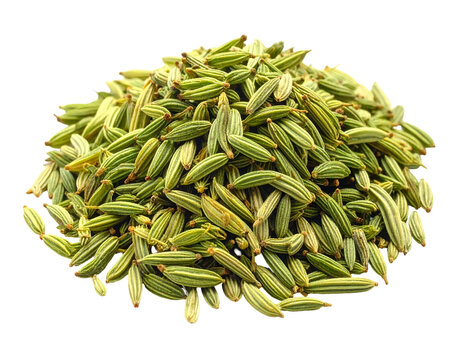 Vibrant botanical macro photography showcasing a neat pile of fresh raw green fennel or cumin seeds resting on a white background.