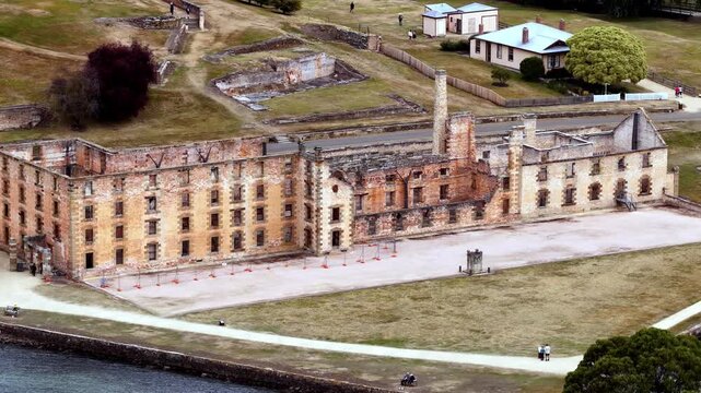Main building of Port Arthur historic site of old gaol jail prison settlement &ndash; aerial view.