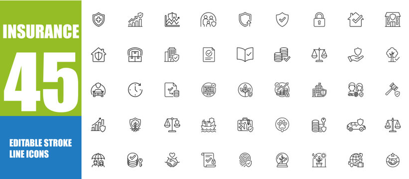 Insurance and assurance icon set. Editable line icons. Vector illustration.