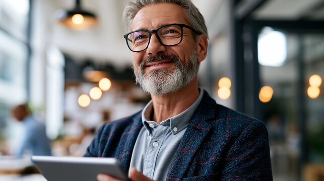 Happy middle-aged male executive in a modern office looking away thoughtfully while holding a tablet device with a pleasant expression, defocused bright open workspace in