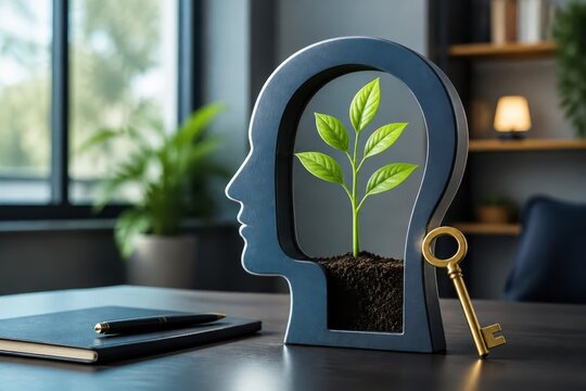 Business growth concept with plant in head silhouette and key symbolizing strategy solution and unlocking potential