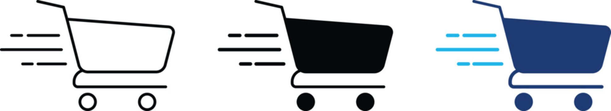 Fast delivery shopping cart icon set representing e-commerce, online retail and express shipping. Symbol of quick purchase, grocery delivery, consumerism and marketplace transaction.