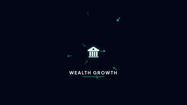 Bank Building Icon Animated with Inward and Outward Floating Green Arrows with Wealth Growth Text Overlay on Dark Background Motion Graphic