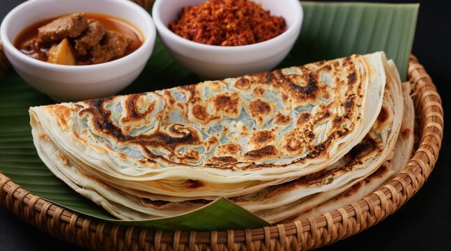 Flaky roti canai served with curry and sambal. This Malaysian flatbread is a popular breakfast and snack. Delicious homemade meal on banana leaf.