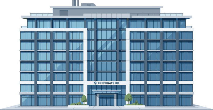 Modern glass corporate office building, flat vector illustration of a commercial headquarters facade