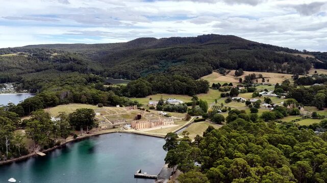 Whole gaol Port Arthur historic colonial site in Tasmania &ndash; aerial landscape panorama.