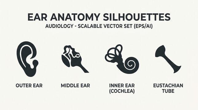 Ear anatomy silhouettes - outer middle inner ear with human ear, eustachian tube