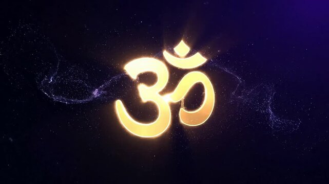 Glowing Om symbol radiates light in dark space with swirling lines