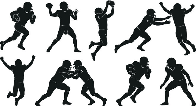 American football player silhouette set with quarterback running, passing, catching, tackling and celebrating poses