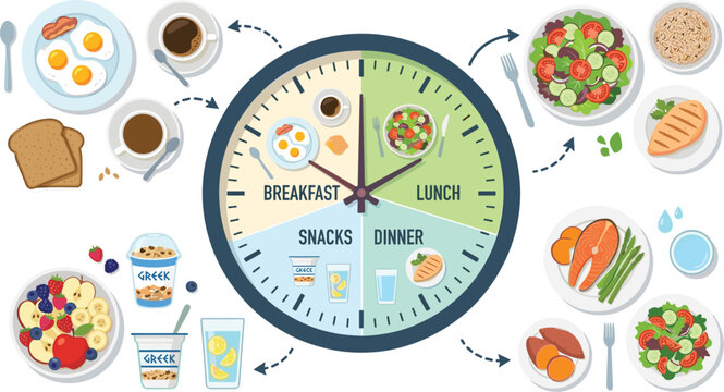 Daily meal schedule clock with breakfast, lunch, dinner and snacks vector illustration on isolated background