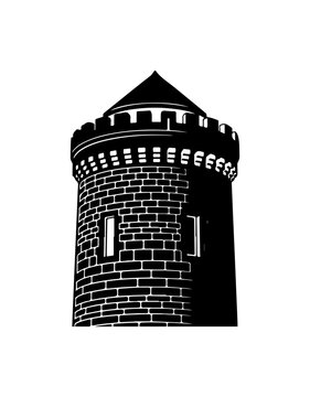 Medieval tower, castle keep, black silhouette, brick architecture, fantasy fortress