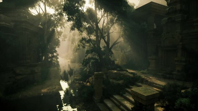 Sunlit ruined temple glade with shaft of light cutting through trees, shallow reflective pool and weathered stonework, evocative atmosphere for cinematic