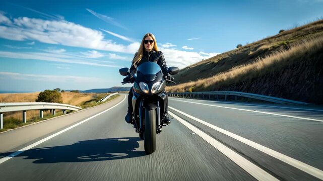 黒いバイクに乗る女性が青空の広い道路を正面へ走る開放的なツーリング風景