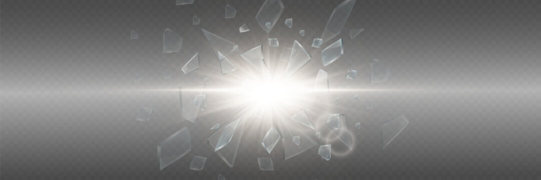 Shattering glass fragments exploding with bright light and glowing lens flare effect