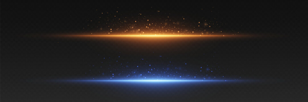 Glowing golden and blue light lines with sparkling dust particles on dark background