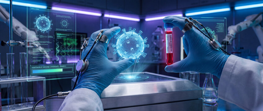 Scientist in lab coat and blue gloves examining virus sample with futuristic digital interface and virtual 3d model