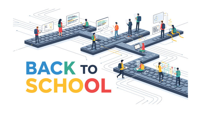 Back to School Digital Learning Journey: Students embark on a modern educational path, navigating a digital landscape shaped by technology and connectivity, with BACK TO SCHOOL boldly displayed.