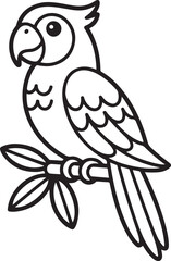Obraz premium Beautiful parrot in a linear style. Coloring for children. Tropical bird. Black icon silhouette vector
