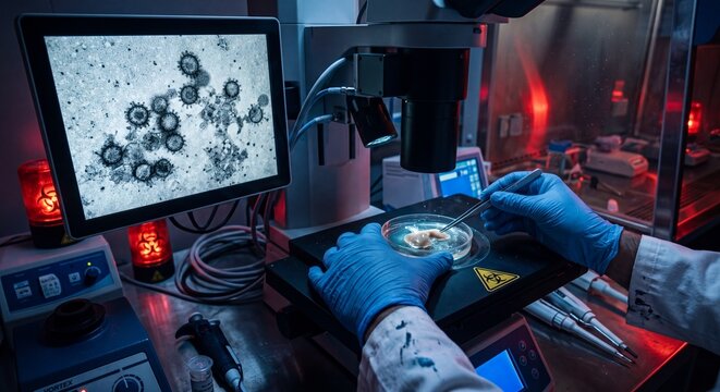 Scientist in lab coat and blue gloves examining virus sample on microscope slide with computer screen displaying viral structures